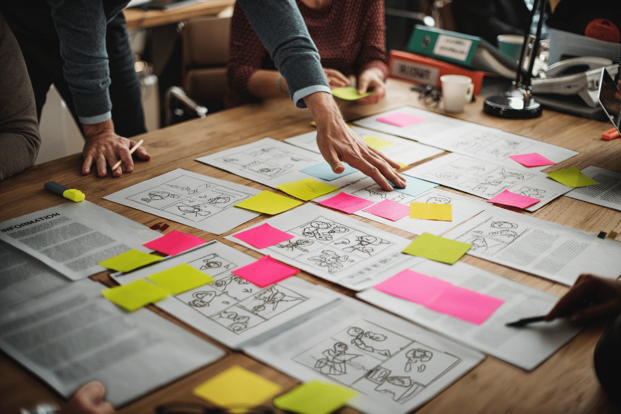 Équipe de communication préparant un brief vidéo avec storyboards et notes colorées sur une table