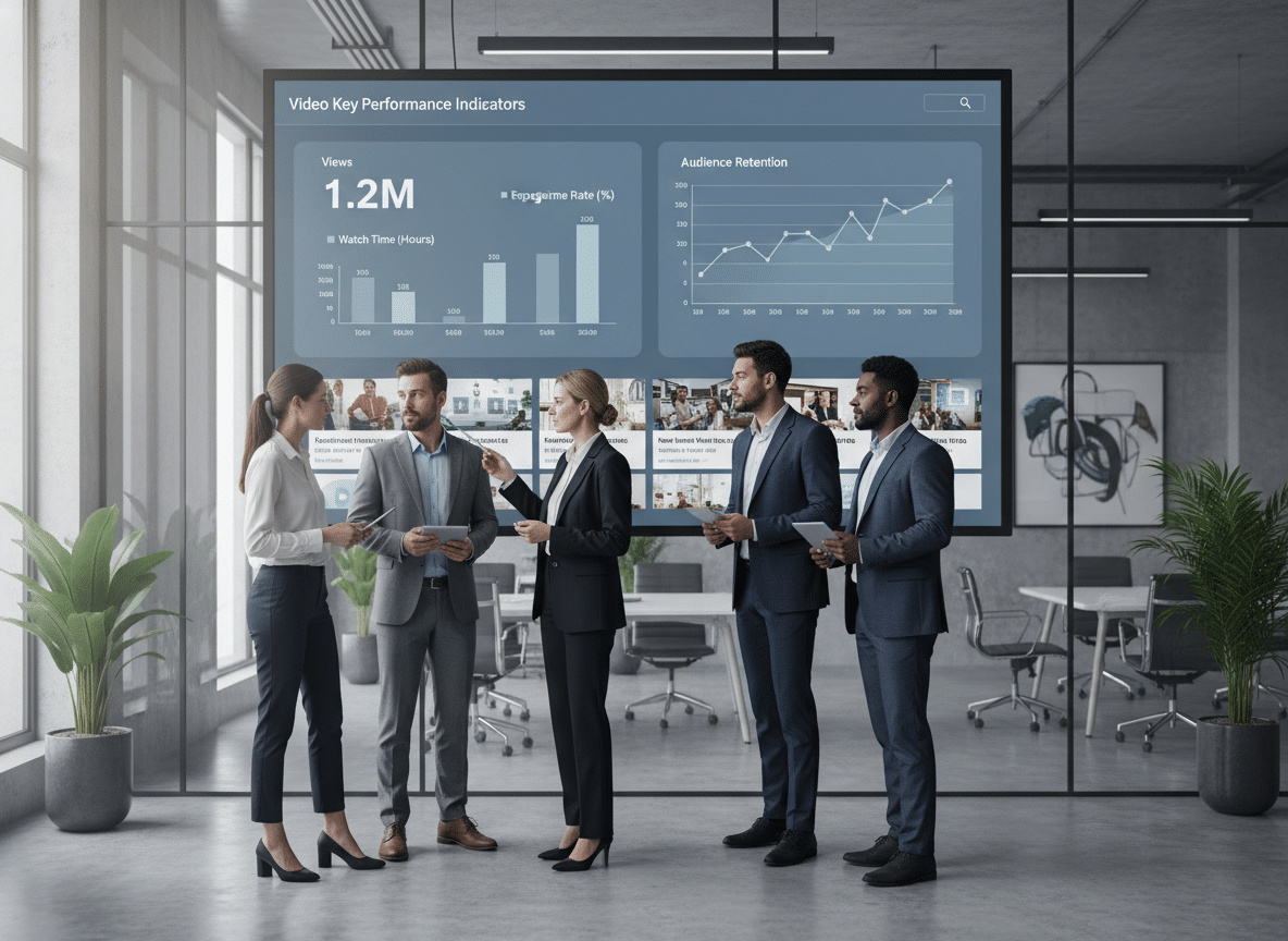 Équipe marketing analysant les KPI d’une vidéo B2B sur un grand écran dans une salle de réunion corporate