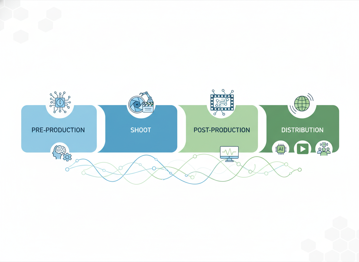 Schéma représentant les différentes étapes de production d’une vidéo corporate avec des icônes d’intelligence artificielle