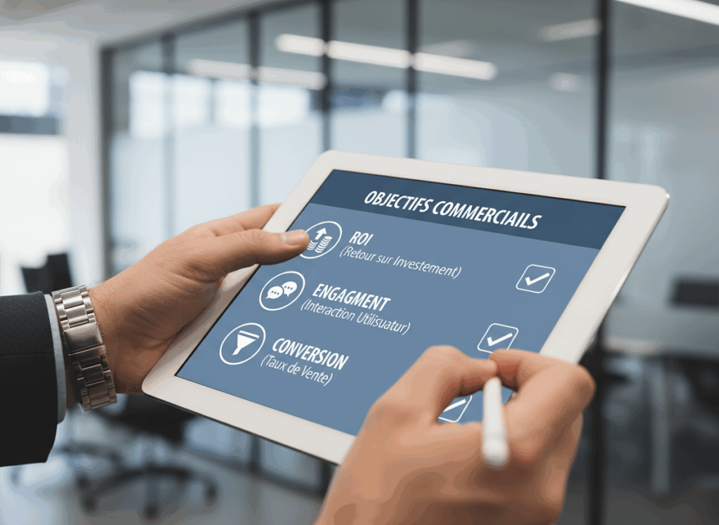 Main tenant une tablette affichant les objectifs commerciaux d’une stratégie vidéo B2B : ROI, engagement et conversion
