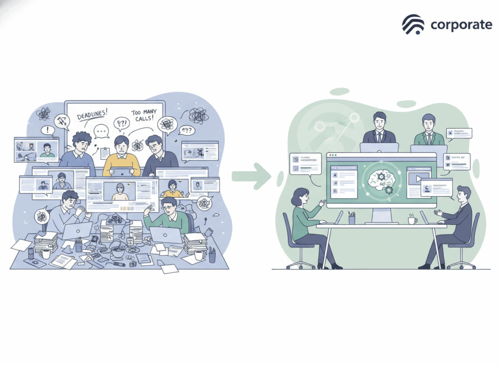 Comparatif visuel montrant une équipe débordée avant l’IA et une équipe sereine après l’intégration de l’IA dans la production vidéo