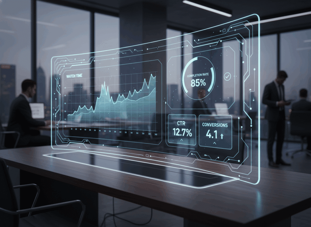 Interface holographique affichant les KPI d’une vidéo B2B avec watch time, taux de complétion, CTR et conversions dans un bureau moderne