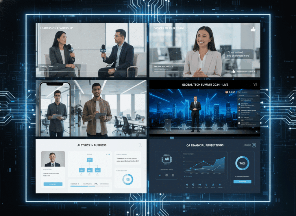 Mosaïque d’écrans présentant différents formats de vidéos corporate modernes assistés par l’IA
