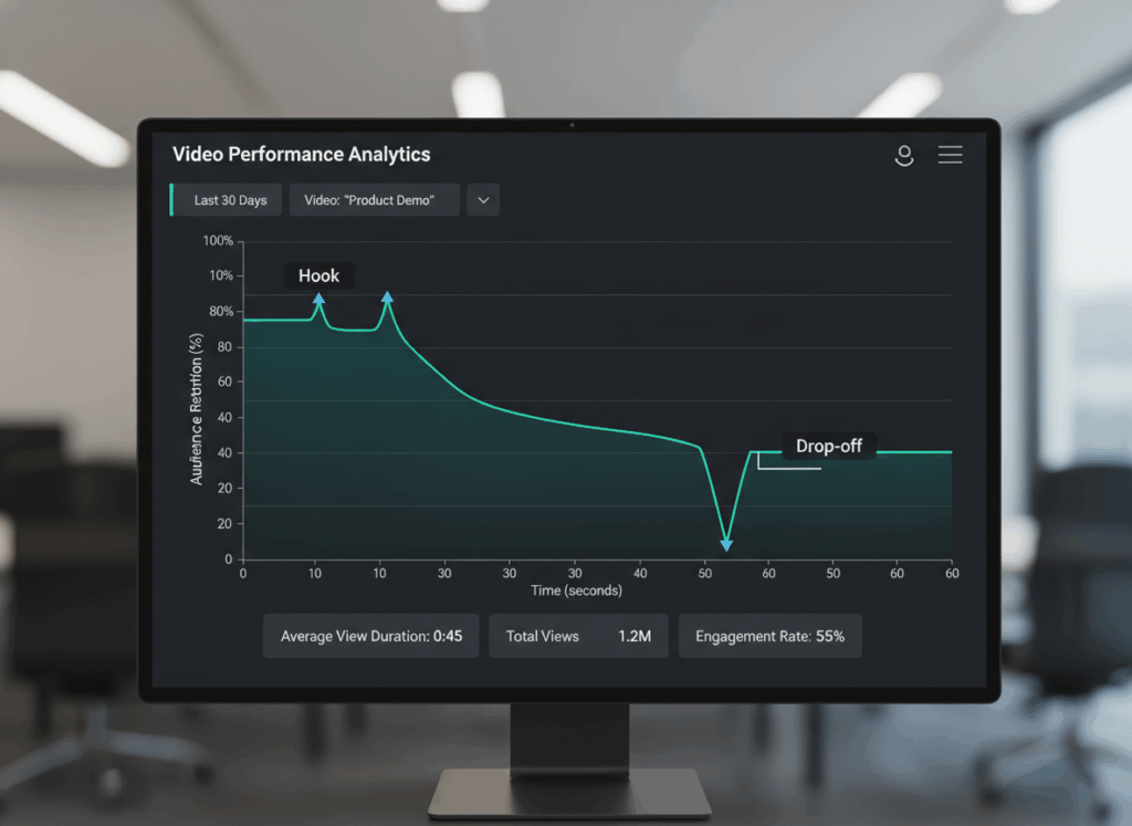 Graphique de rétention d’audience affiché sur un écran, montrant le hook et un drop-off dans l’analyse de performance d’une vidéo B2B