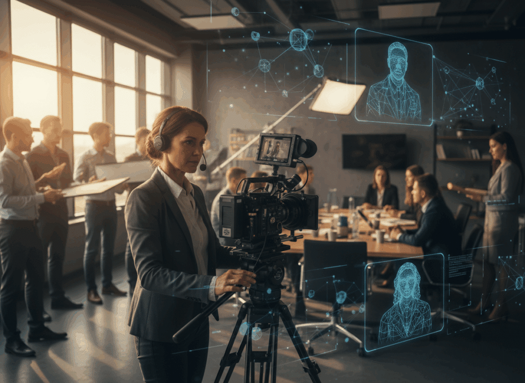 Réalisateur derrière une caméra sur un tournage corporate avec des éléments graphiques d’intelligence artificielle en surimpression