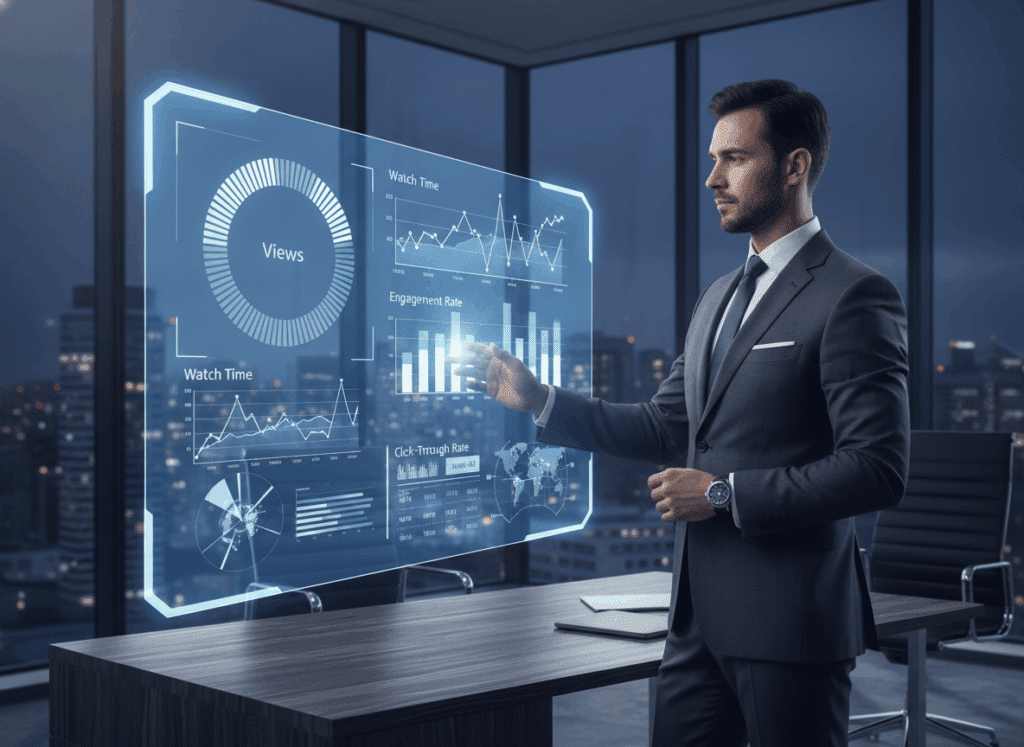 Homme en costume analysant une interface holographique affichant les KPI d’une vidéo B2B : vues, watch time, taux d’engagement et click-through rate