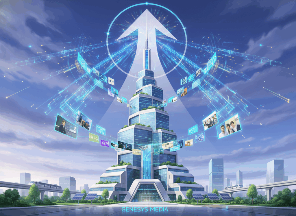 Illustration futuriste d’une entreprise générant de nombreux contenus vidéo assistés par l’IA