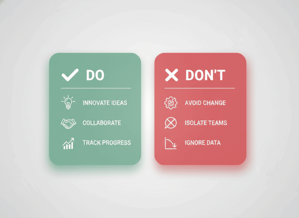 Infographie Do et Don’t présentant les bonnes pratiques et erreurs à éviter dans une stratégie vidéo B2B : innover, collaborer, suivre l’évolution, éviter l’isolement et ne pas ignorer les données