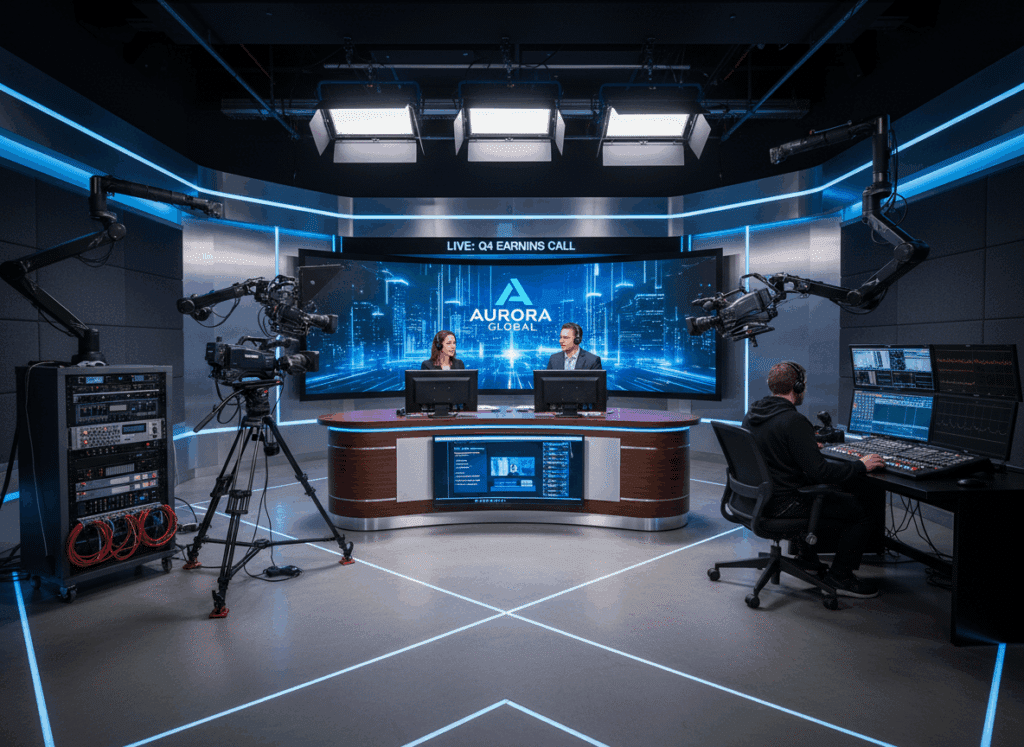 Plateau de livestream corporate avec présentateurs, caméras robotisées, régie technique et éclairage professionnel lors d’une diffusion en direct