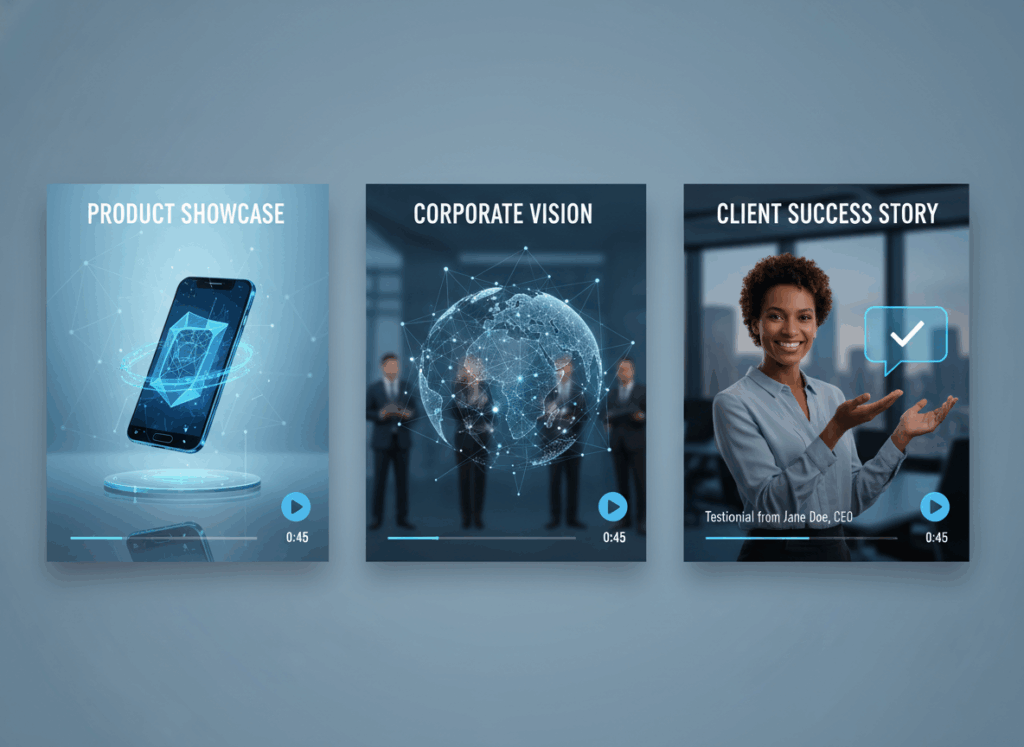 Trois miniatures de vidéos B2B présentant un product showcase, une vidéo corporate et un témoignage client dans un style professionnel