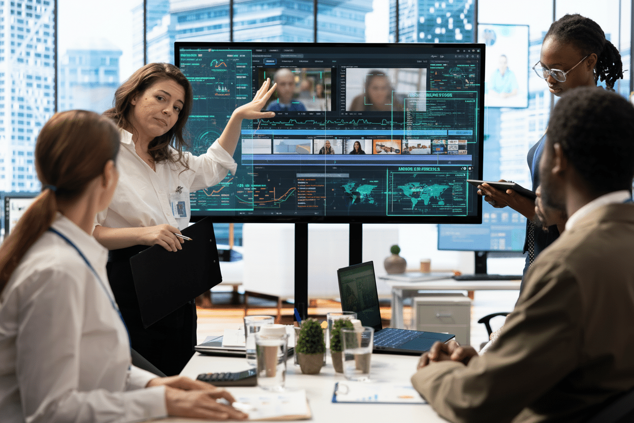 Équipe communication regardant une vidéo corporate générée avec l’IA dans une salle de réunion moderne