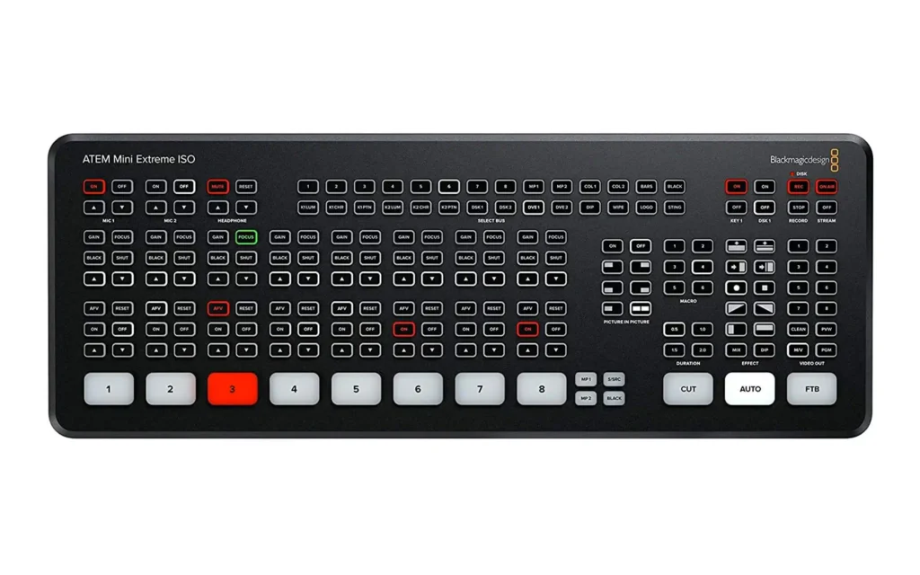 Mélangeur vidéo Blackmagic Design ATEM Mini Extreme ISO vu de dessus sur fond blanc