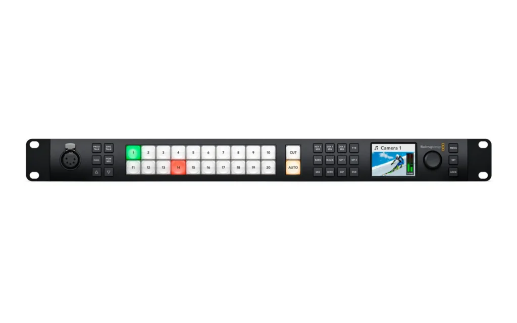 Mélangeur vidéo Blackmagic Design ATEM 2 M/E Constellation HD au format rack, vu de face sur fond blanc