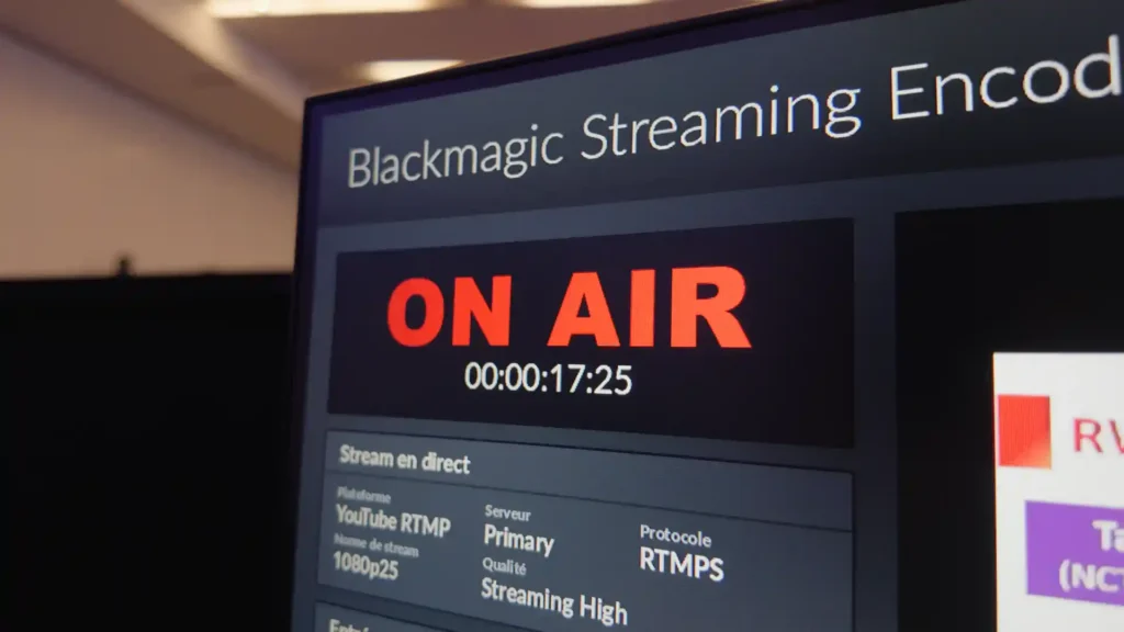 Encodeur Blackmagic Streaming Encoder affichant ON AIR pendant le direct YouTube de l’EBC 2026